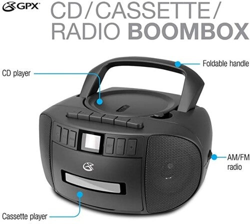 GPX - GPX BCA209B Stereo Boombox With CD Player, Cassette Recorder, AM/FM Radio AC/DC - Includes AC Cable (Black) (Bluetooth) ((Boombox))