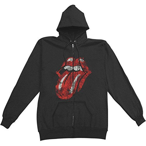 The Rolling Stones - Men'S Rolling Stones Distressed Tongue Zip-Up Hoodie, Black, Large ((Apparel))
